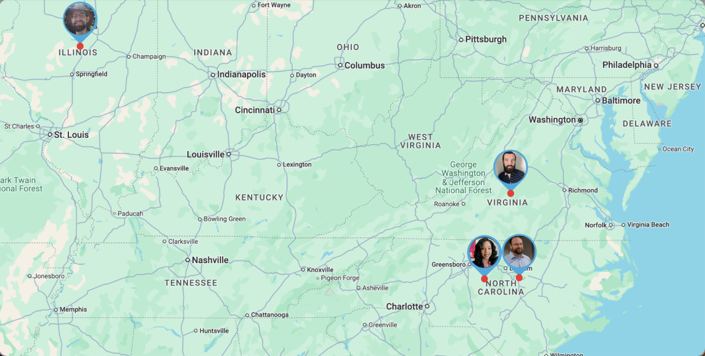 Map showing employee locations